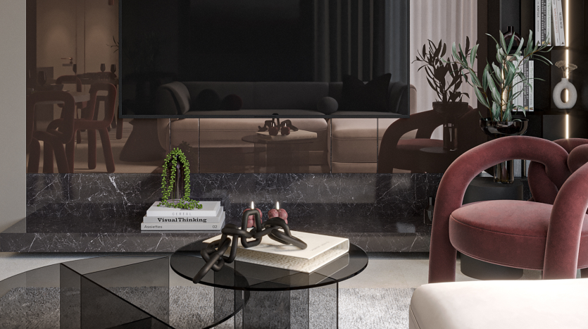 Un salon moderne dans une villa de Dubaï avec une grande télévision, un mur en marbre luxueux, des fauteuils moelleux, une table basse géométrique avec des livres et des plantes dans un intérieur sophistiqué aux tons sombres.