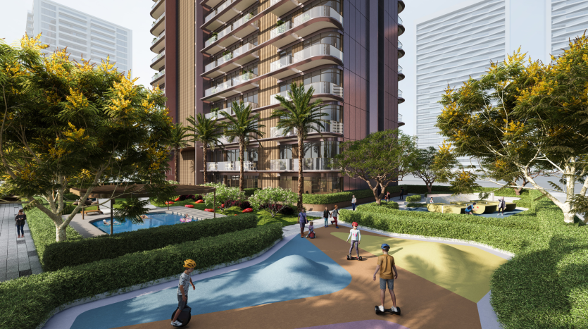 Un rendu architectural 3D d&#039;une villa résidentielle moderne à Dubaï comprenant une cour luxuriante avec une piscine, des jardins animés et des personnes profitant d&#039;activités de plein air.