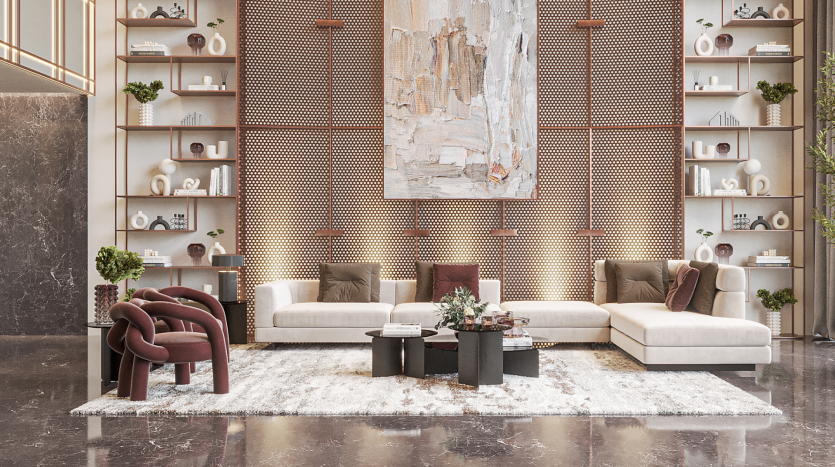 Un salon moderne dans un appartement de Dubaï avec des canapés beiges, un fauteuil rouge et une table basse centrale noire. Le mur du fond est recouvert d&#039;un motif décoratif marron avec des étagères contenant divers décors.