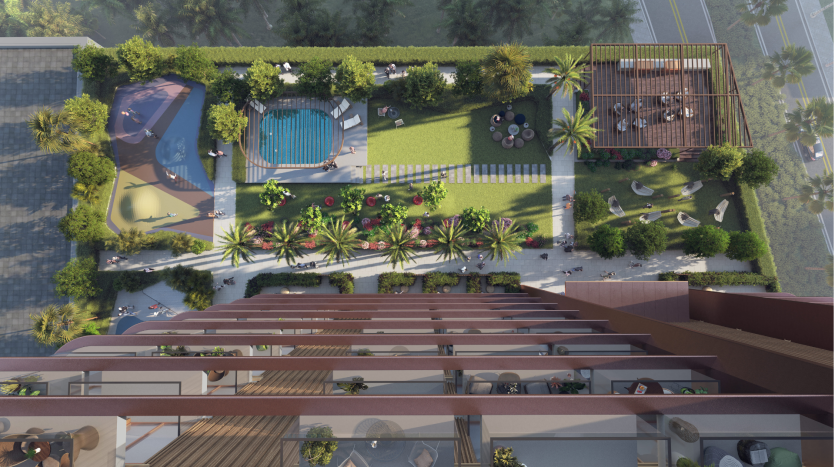 Vue aérienne d&#039;un luxueux jardin sur le toit de Dubaï comprenant plusieurs sections, dont une piscine, des salons et une verdure luxuriante, le tout entouré d&#039;immeubles de grande hauteur.