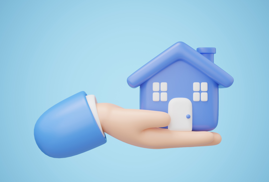 Une image de style dessin animé représentant une main dans une manche bleue tenant une petite maison bleue avec des fenêtres et une porte blanches, symbolisant l&#039;investissement de Dubaï, sur un fond bleu uni.