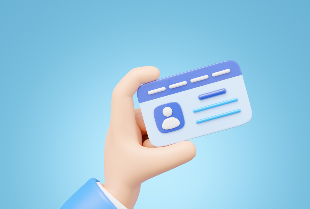 Une main tenant une carte d&#039;identité numérique 3D stylisée sur un fond bleu doux. La carte affiche une icône représentant une personne et des champs de texte liés à l&#039;investissement Dubaï.