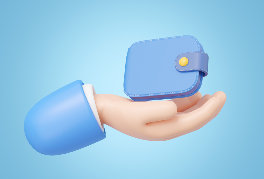 Une main de dessin animé présentant un portefeuille bleu sur un fond bleu doux. Le portefeuille, symbolisant les opportunités d&#039;investissement, est conçu de manière simpliste avec une fermeture à bouton-pression.
