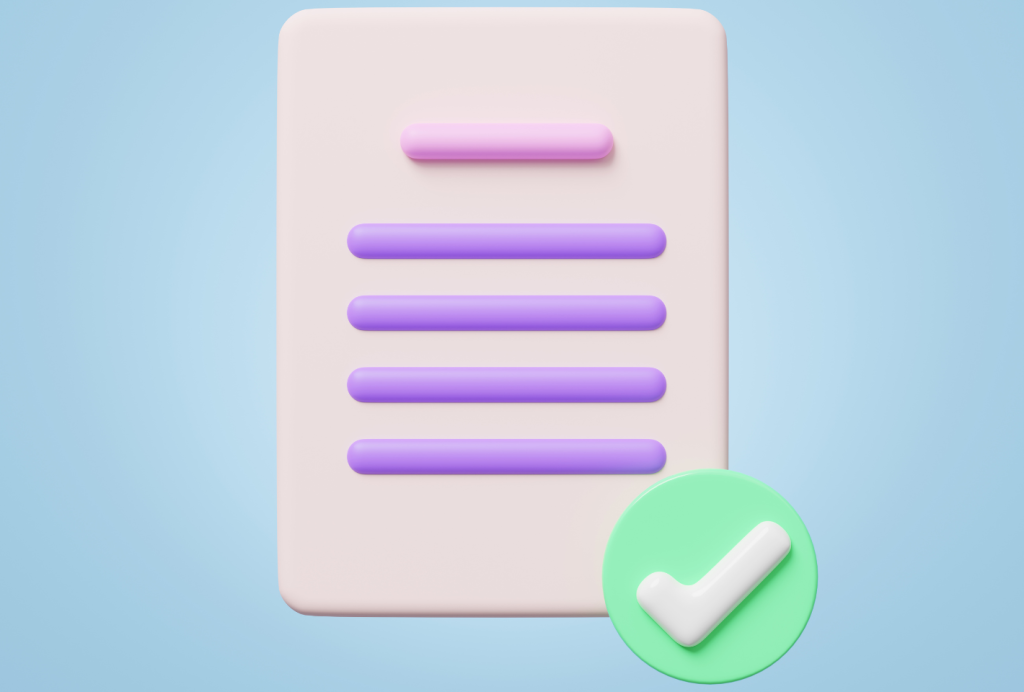 Graphique stylisé d&#039;une icône de document blanche avec des lignes violettes représentant du texte, affichée sur un fond bleu clair. Un cercle vert avec une coche blanche se trouve dans le coin inférieur droit, symbolisant l&#039;approbation.