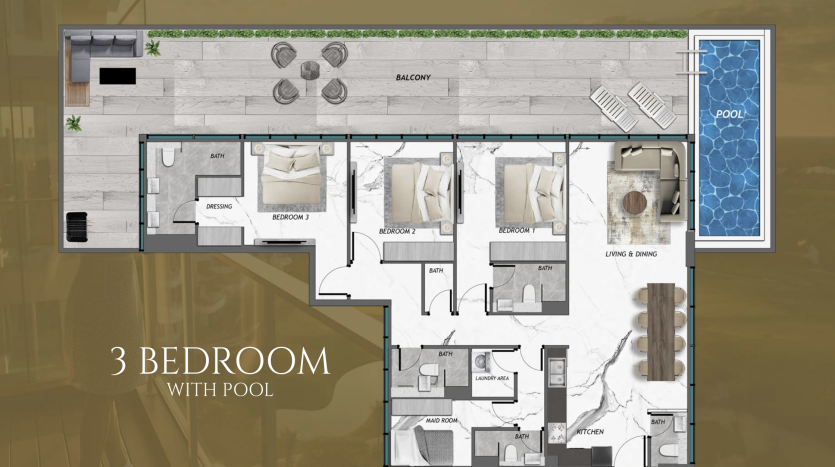 Un plan architectural détaillé d&#039;une villa de 3 chambres à Dubaï avec piscine. Il comprend un balcon, plusieurs salles de bains, une cuisine, des espaces salon et salle à manger et une vue extérieure sur l&#039;aménagement environnant.