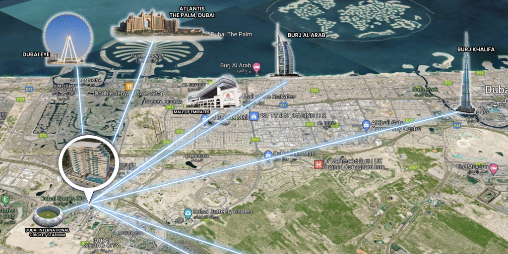 Vue aérienne de Dubaï mettant en évidence les principaux sites immobiliers tels que le Burj Khalifa, le Burj Al Arab et l'Atlantis The Palm, avec des lignes marquées et des étiquettes provenant d'une agence immobilière.