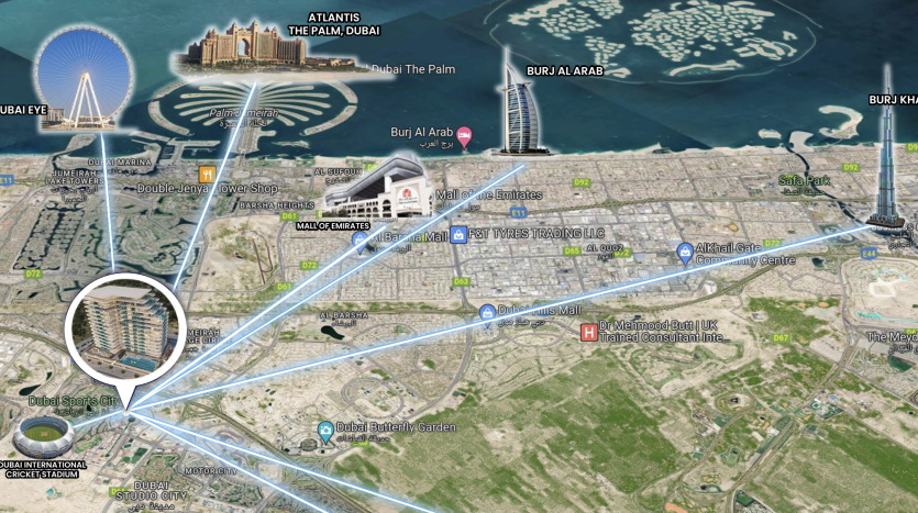 Vue aérienne de Dubaï mettant en évidence les principaux sites immobiliers tels que le Burj Khalifa, le Burj Al Arab et l&#039;Atlantis The Palm, avec des lignes marquées et des étiquettes provenant d&#039;une agence immobilière.