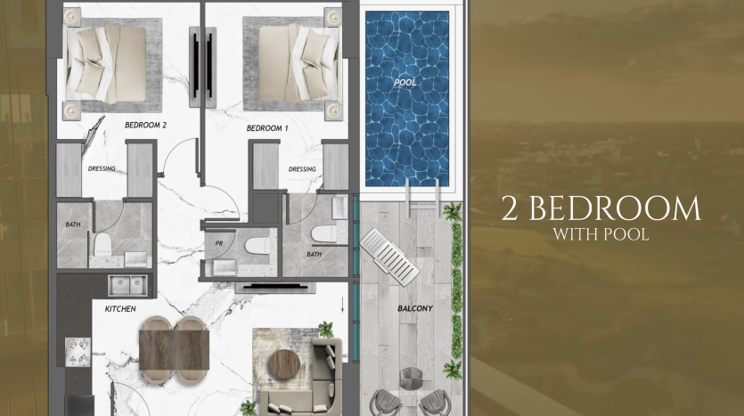 Plan d'étage d'un appartement de 2 chambres à Dubaï comprenant une cuisine, un salon, deux salles de bains et un balcon, avec un espace piscine séparé. Le design présente la disposition des meubles et les étiquettes de texte pour plus de clarté.