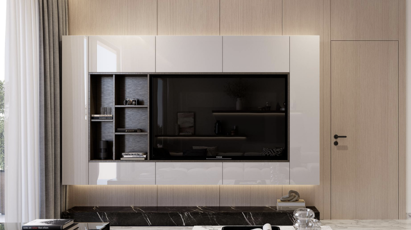 Une cuisine moderne dans un appartement de Dubaï avec des armoires blanches élégantes et des boiseries orientées verticalement. Une grande vitrine intégrée en verre noir présente divers objets de décoration. Design élégant et minimaliste.