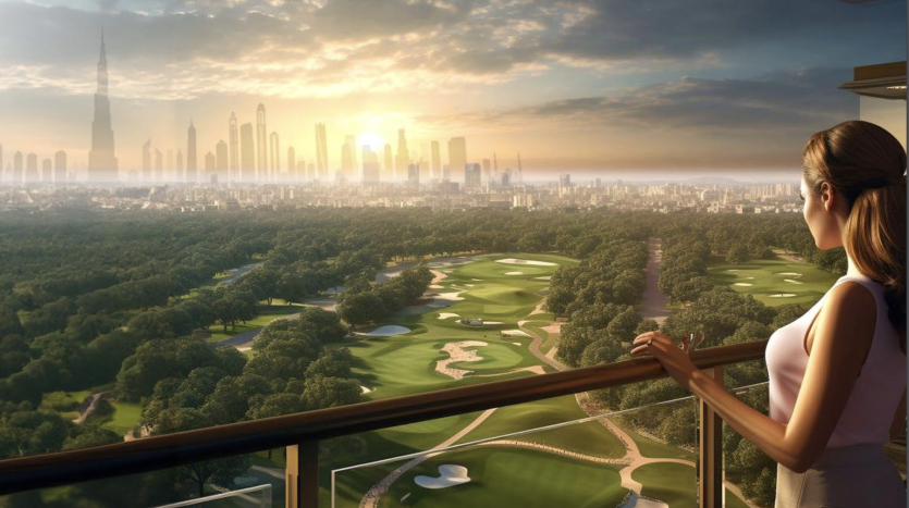 Une femme se tient sur le balcon d’un appartement moderne de Dubaï donnant sur un vaste parcours de golf avec des gratte-ciel en arrière-plan au coucher du soleil.