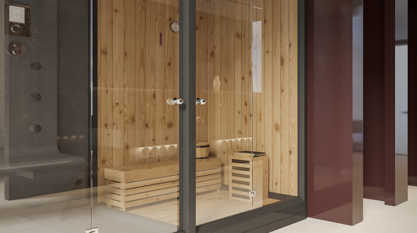 Un sauna moderne doté de portes en verre transparent, de bancs en bois et de boiseries lisses, avec des murs aux accents rouges et une ambiance lumineuse tamisée dans une villa de Dubaï.