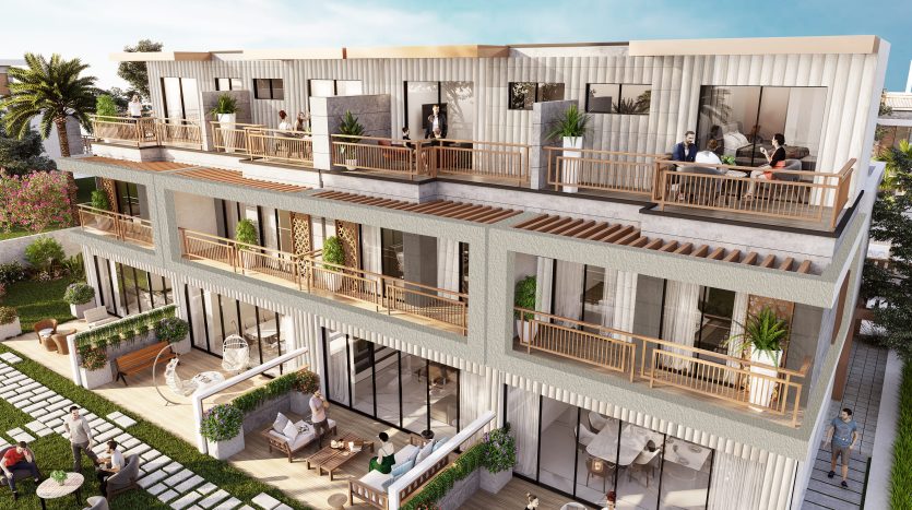 Villa Dubai au design contemporain, mettant en valeur des balcons et des terrasses, et des personnes pratiquant diverses activités comme manger et se détendre en plein air.