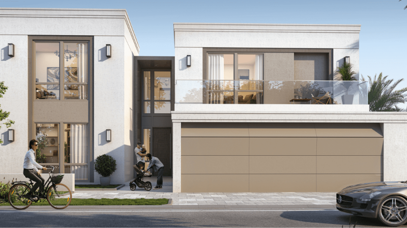 Texte alternatif : une villa moderne à deux étages à Dubaï avec une grande porte de garage, un balcon et des balustrades en verre. Une personne fait du vélo tandis qu&#039;une autre pousse une poussette, avec une voiture garée à l&#039;intérieur.