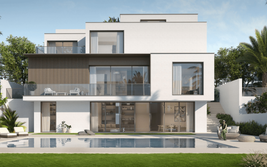 Une maison blanche moderne à deux étages avec de grandes fenêtres, un balcon et un toit-terrasse, entourée de palmiers au bord d'une piscine bleu clair, répertoriée par une agence immobilière de Dubaï.