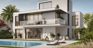 Moderna casa bianca a due piani a Dubai con ampie vetrate, balconi e piscina. Una coppia si rilassa a bordo piscina circondata da una vegetazione lussureggiante e da palme.