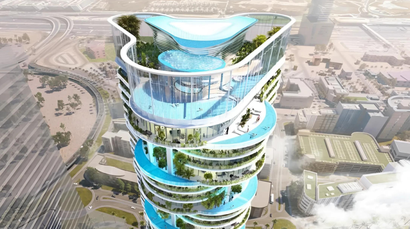 Vue aérienne d&#039;un gratte-ciel futuriste à Dubaï avec un design en spirale, intégrant des terrasses vertes et une grande piscine bleue sur le toit, situé dans un paysage urbain.