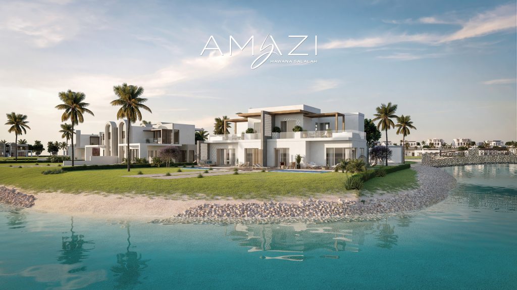 Villas luxueuses au design moderne au bord d&#039;un lac artificiel tranquille dans un paysage luxuriant, sous un ciel clair, signées « amazi marina galzali » à Dubaï.