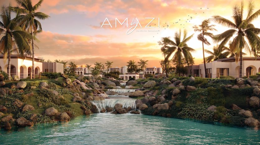 Complexe luxueux avec villas, palmiers et cascades entourés de rochers tropicaux lors d&#039;un coucher de soleil serein, idéal pour investir à Dubaï. Les oiseaux volent dans le ciel et le mot &quot;suis
