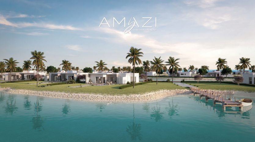 Complexe luxueux en bord de mer, comprenant des villas blanches modernes entourées de palmiers, avec un lagon serein et des quais privés sous un ciel bleu clair, idéal pour un investissement à Dubaï.