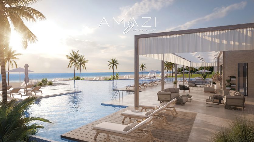 Luxueuse villa en bord de mer à Dubaï avec une piscine à débordement et des chaises longues sous une cabane moderne, surplombant l&#039;océan serein avec des palmiers au coucher du soleil. Texte &quot;amazi&quot; en écriture élégante au