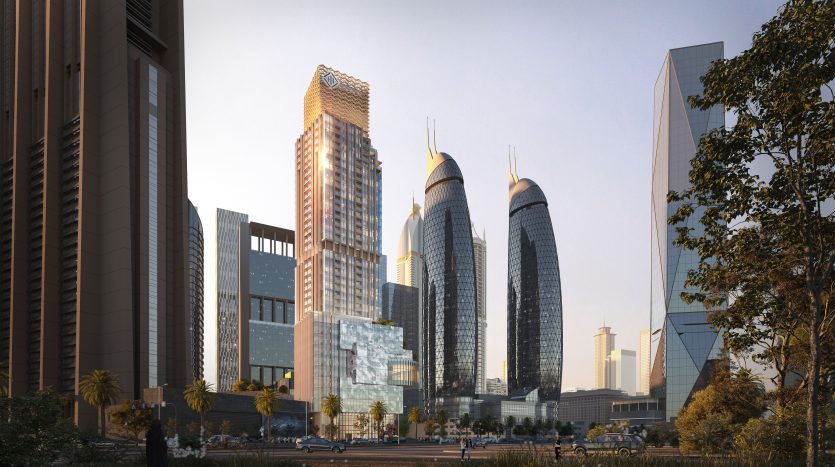 Un paysage urbain moderne au crépuscule à Dubaï montrant de grands gratte-ciel futuristes aux conceptions architecturales uniques, entourés de bâtiments plus petits et de verdure luxuriante, sous un ciel clair.
