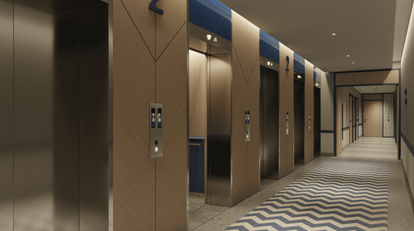 Un hall d&#039;ascenseur moderne dans une villa de Dubaï avec quatre ascenseurs dotés de portes en bois poli et d&#039;affichages numériques bleus. Le sol présente un motif géométrique bleu menant à un couloir.