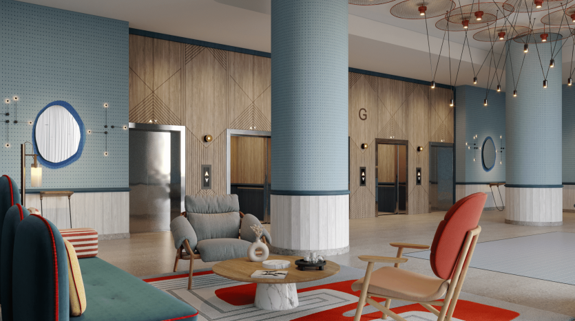 Un hall d&#039;entrée d&#039;hôtel moderne et élégant à Dubaï avec des meubles colorés, des tapis géométriques, des miroirs ronds au mur et un système d&#039;éclairage de plafond unique et complexe. Le décor comprend des panneaux de bois et des colonnes carrelées.