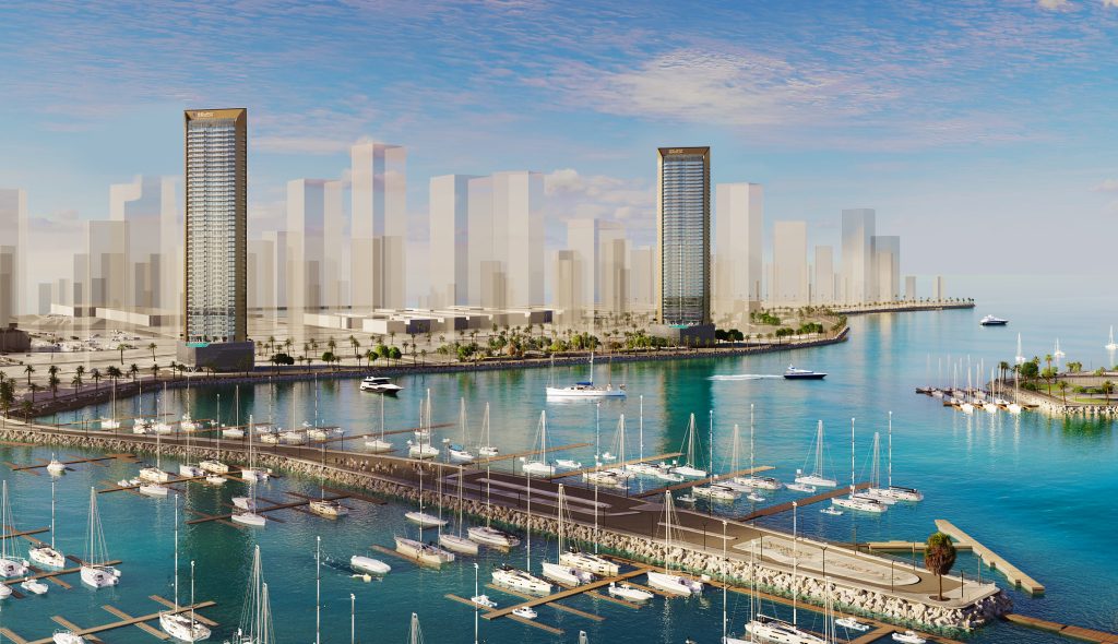 Une scène urbaine animée au bord de l&#039;eau à Dubaï, avec des immeubles de grande hauteur à côté d&#039;une marina remplie de nombreux yachts, sous un ciel bleu clair.