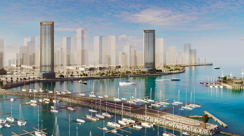 Une scène urbaine animée au bord de l&#039;eau à Dubaï, avec des immeubles de grande hauteur à côté d&#039;une marina remplie de nombreux yachts, sous un ciel bleu clair.