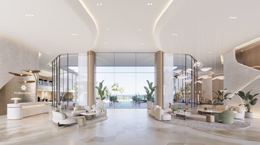 Lobby d&#039;hôtel luxueux au design moderne avec sols en marbre, élégants coins salons ronds, cloisons en verre et vue panoramique sur les palmiers à travers de grandes fenêtres. Une palette de couleurs neutres avec un éclairage sophistiqué, incarnant