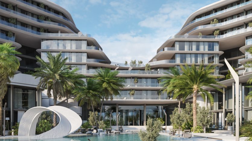 Un complexe de luxe moderne à l&#039;architecture incurvée et en couches, entouré de palmiers luxuriants et doté d&#039;une piscine centrale. Une sculpture blanche abstraite est au premier plan, symbolisant l&#039;investissement artistique dans l&#039;architecture de Dubaï.