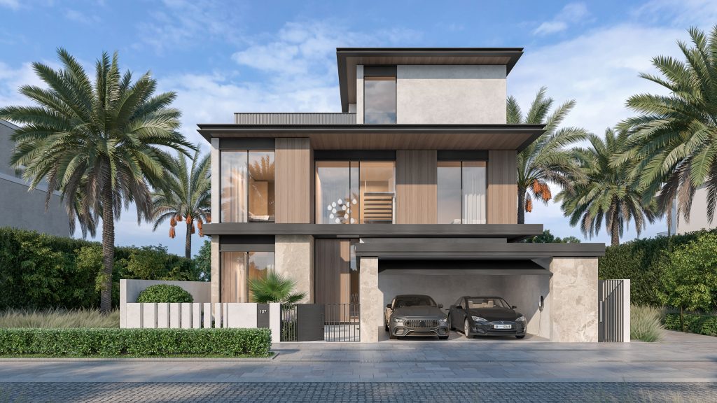 Maison de luxe moderne de deux étages avec un toit plat à Dubaï, dotée de grandes fenêtres, d&#039;un balcon et d&#039;un abri avec deux voitures garées. Aménagement paysager de palmiers et d&#039;arbustes sous un terrain dégagé