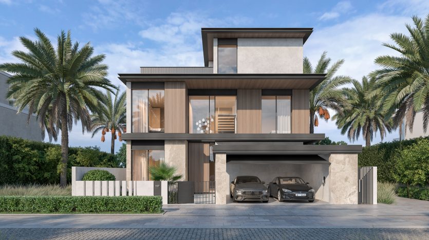 Maison de luxe moderne de deux étages avec un toit plat à Dubaï, dotée de grandes fenêtres, d&#039;un balcon et d&#039;un abri avec deux voitures garées. Aménagement paysager de palmiers et d&#039;arbustes sous un terrain dégagé