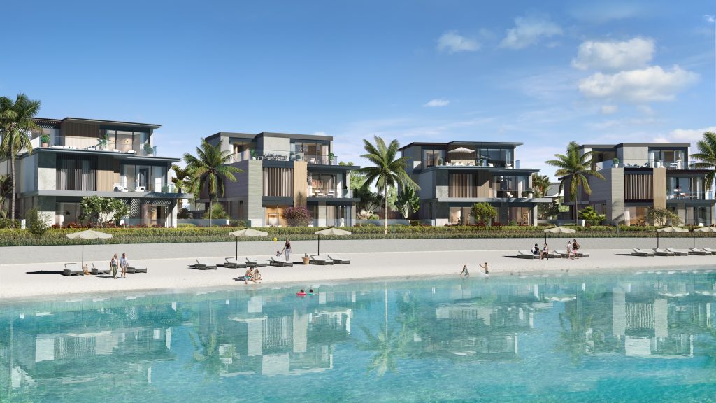 Villas de luxe en bord de mer à l&#039;architecture moderne le long d&#039;une côte sablonneuse à Dubaï. Les gens se détendent sur des chaises longues et nagent dans les eaux turquoise claires. Une flore tropicale luxuriante entoure la région.