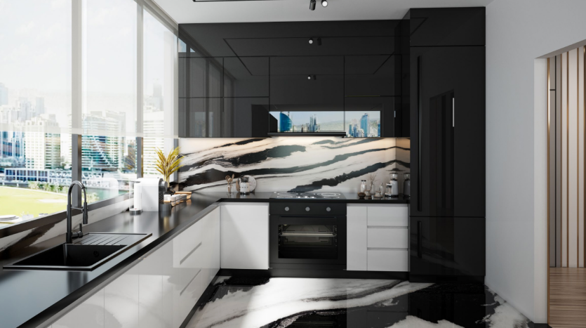 Intérieur de cuisine moderne avec armoires noires, un superbe îlot en marbre et des appareils électroménagers en acier inoxydable, avec une vue panoramique sur la ville depuis de grandes fenêtres dans un appartement haut de gamme à Dubaï.