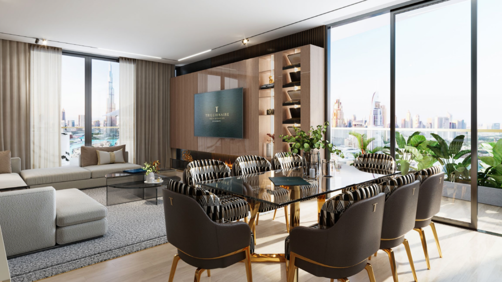 Salon et salle à manger modernes dans un appartement Dubaï avec de grandes fenêtres offrant une vue sur la ville. La décoration comprend un canapé moelleux, une table à manger en bois avec des chaises élégantes et des plantes d&#039;intérieur.