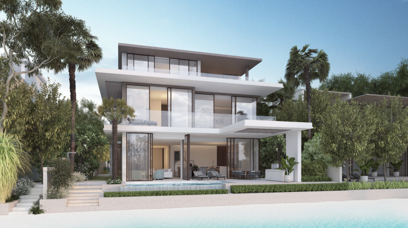 Une maison moderne de deux étages avec de grandes fenêtres et balcons, entourée d&#039;une verdure luxuriante et d&#039;une piscine au premier plan, sur fond de ciel crépusculaire. Idéal pour ceux qui cherchent à investir à Dubaï.