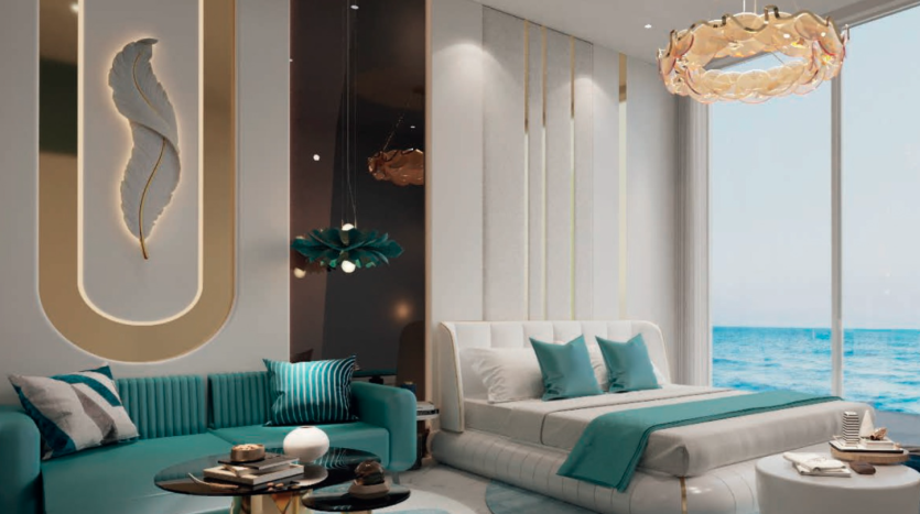 Une chambre moderne avec un éclairage design, un lit moelleux et une vue sur l&#039;océan. La pièce comprend des accents bleu sarcelle, des suspensions élégantes et un style architectural élégant dans un appartement de Dubaï.