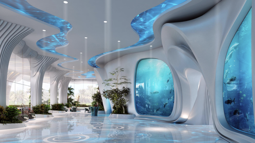 Environnement aquatique intérieur futuriste à Dubaï avec une architecture fluide blanche et bleue, comprenant des murs incurvés, des hublots affichant des scènes sous-marines et des sols réfléchissants.