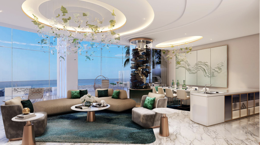 Salon luxueux et moderne à Dubaï avec un sol en marbre, un grand canapé central, des plafonniers décoratifs, une cascade intérieure et une vue panoramique sur l&#039;océan.