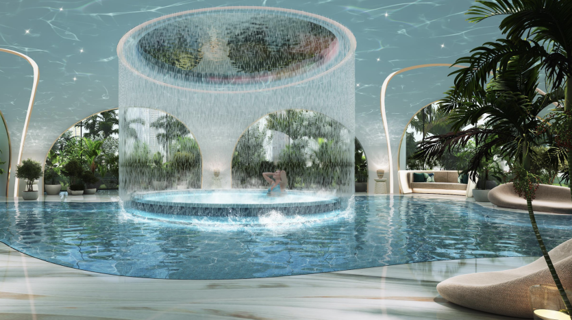 Piscine intérieure futuriste dans une villa de Dubaï avec une cascade cylindrique transparente entourée d&#039;une verdure luxuriante et d&#039;un mobilier élégant et moderne sous un plafond doux filtré par la lumière du jour.