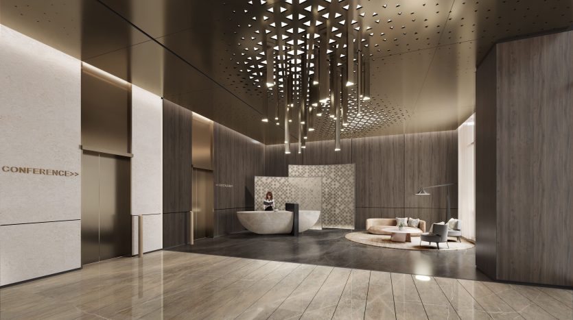 Un hall d&#039;entrée élégant avec un intérieur chaleureux en bois, un bureau de réception avec un préposé, des coins salons élégants et un panneau directionnel pointant vers les salles de conférence de Dubaï.
