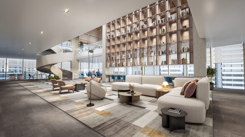 Un salon de bureau moderne avec un escalier en colimaçon, une grande étagère, des sièges moelleux et de grandes fenêtres. La décoration comprend un éclairage subtil et des éléments de design élégants et contemporains, parfaits pour un investissement à Dubaï.