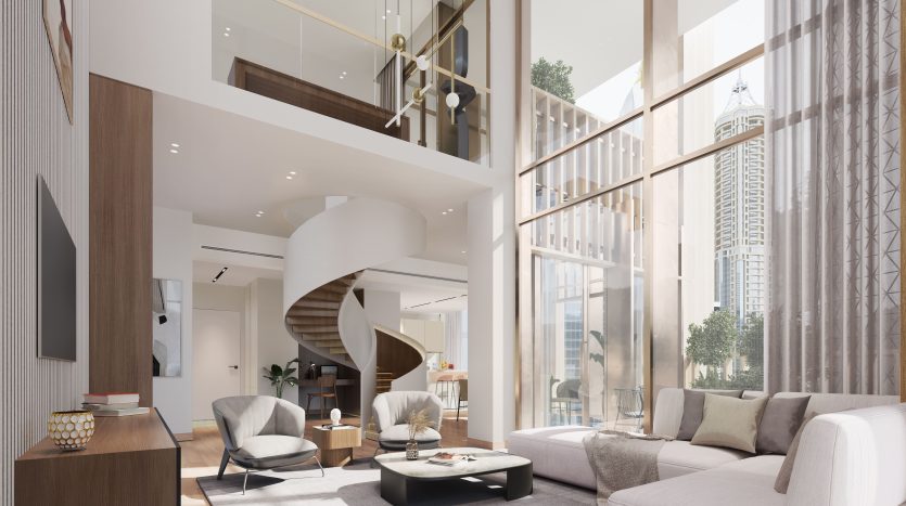 Salon luxueux et spacieux dans une villa de Dubaï avec un escalier en colimaçon moderne, de hauts plafonds, des baies vitrées offrant une vue sur la ville et un design intérieur élégant aux tons neutres.