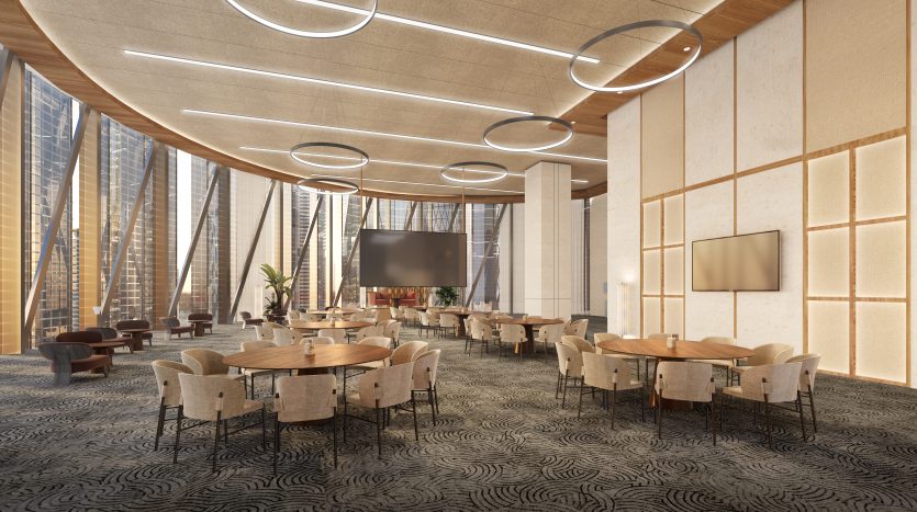 Salon de bureau moderne avec éclairage circulaire au plafond, grandes fenêtres, chaises élégantes et tables sur moquette à motifs. Equipé d&#039;écrans et de panneaux muraux en bois, idéal pour un environnement immobilier Dubaï.
