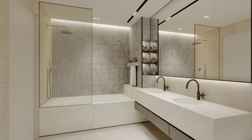 Intérieur de salle de bains moderne dans une villa de Dubaï comprenant un grand miroir, deux lavabos, une baignoire spacieuse et un espace douche séparé, le tout orné de tons neutres avec des éléments de design élégants et minimalistes.