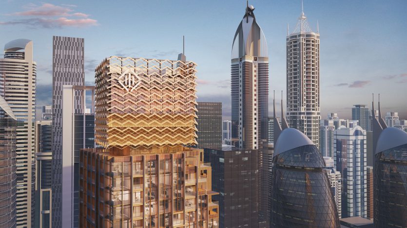 Un paysage urbain composé de gratte-ciel modernes aux designs variés sous un ciel clair, l&#039;accent étant mis sur un bâtiment avec une façade à motifs géométriques distinctifs à Dubaï.