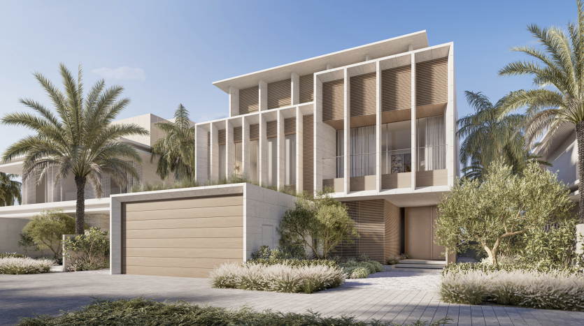 Maison moderne à deux étages avec de grandes fenêtres, des persiennes en bois et un garage, entourée de palmiers et de jardins paysagers sous un ciel dégagé à Dubaï.