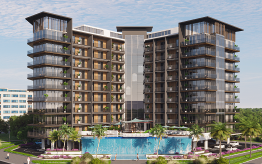 Immeuble résidentiel moderne de plusieurs étages avec de grands balcons en verre, entouré d'une verdure luxuriante et d'un espace piscine en face, avec un ciel bleu clair au-dessus, incarnant la vie en appartement de luxe de style Dubaï.