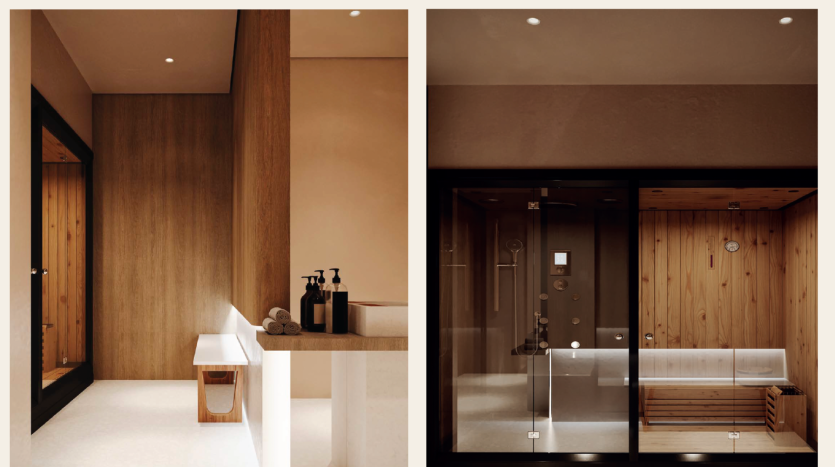 Images côte à côte d&#039;une salle de bains moderne présentant un immeuble d&#039;investissement à Dubaï sur le thème du bois. La gauche montre un espace lavabo minimaliste, la droite une cabine de douche en verre et un sauna en bois.